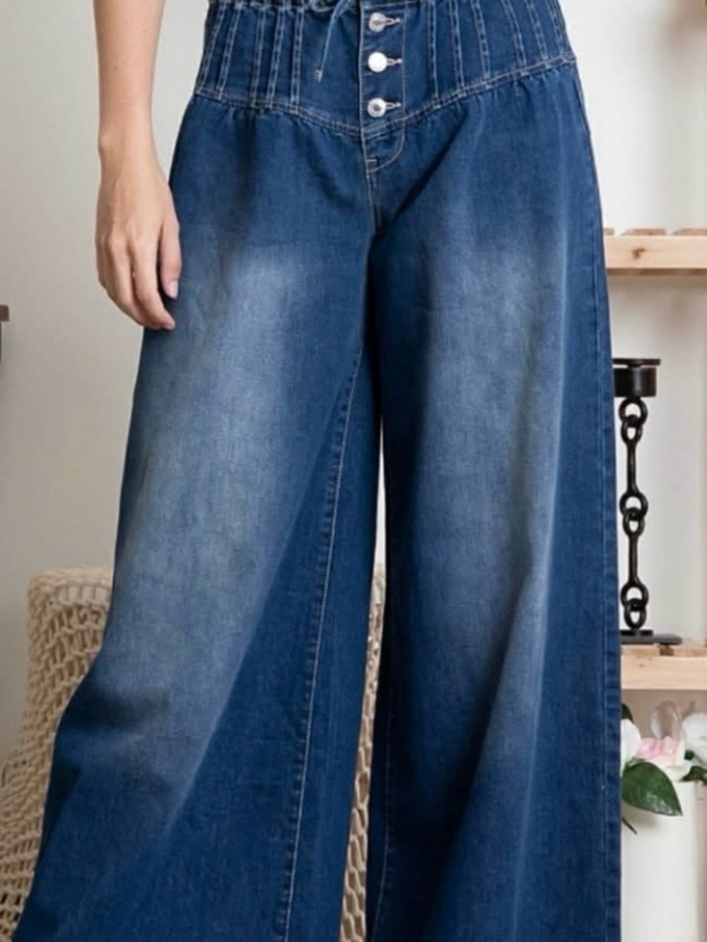 Blue Velvet Dark Wash Wide Leg Denim Jeans NWT Medium Button up Elastic Waist